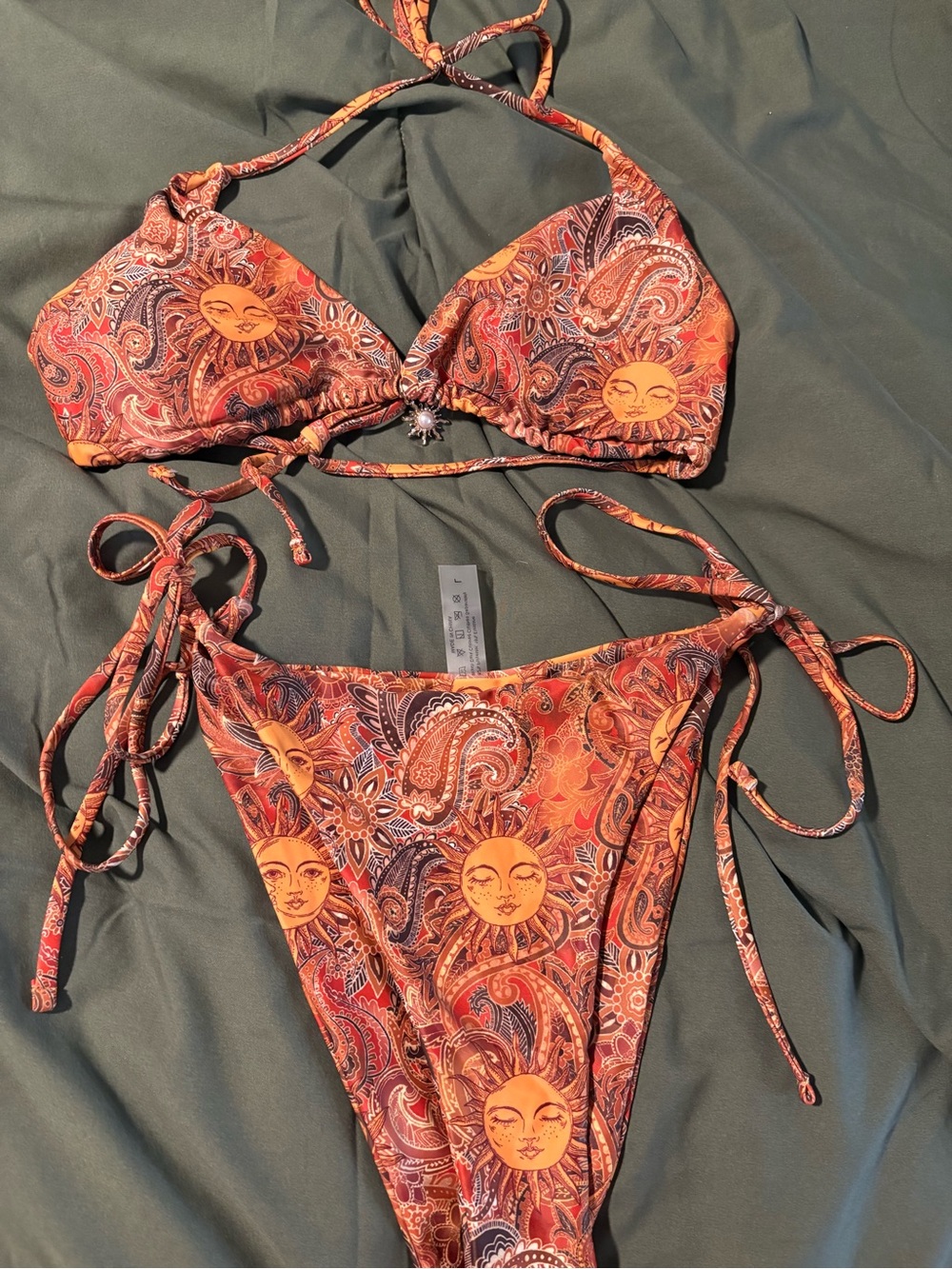 SHEIN Orange Paisley Sun-Print Tie-Side Bikini